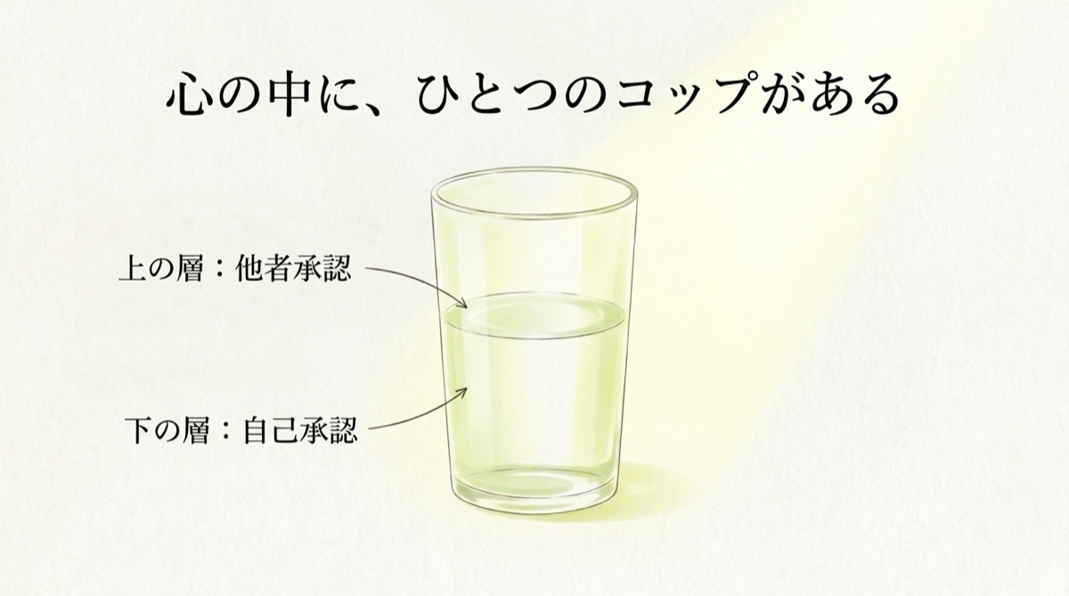 二層のコップの図。上の層は他者承認、下の層は自己承認